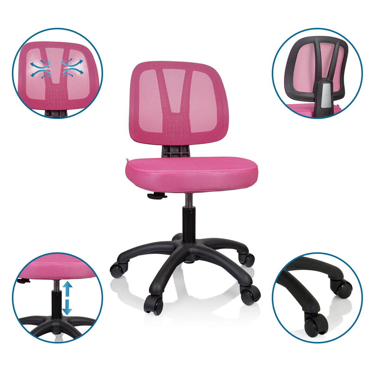 Silla giratoria para niños KID YU 200 rosa con respaldo de malla, asiento regulable en altura y ruedas de hjh OFFICE