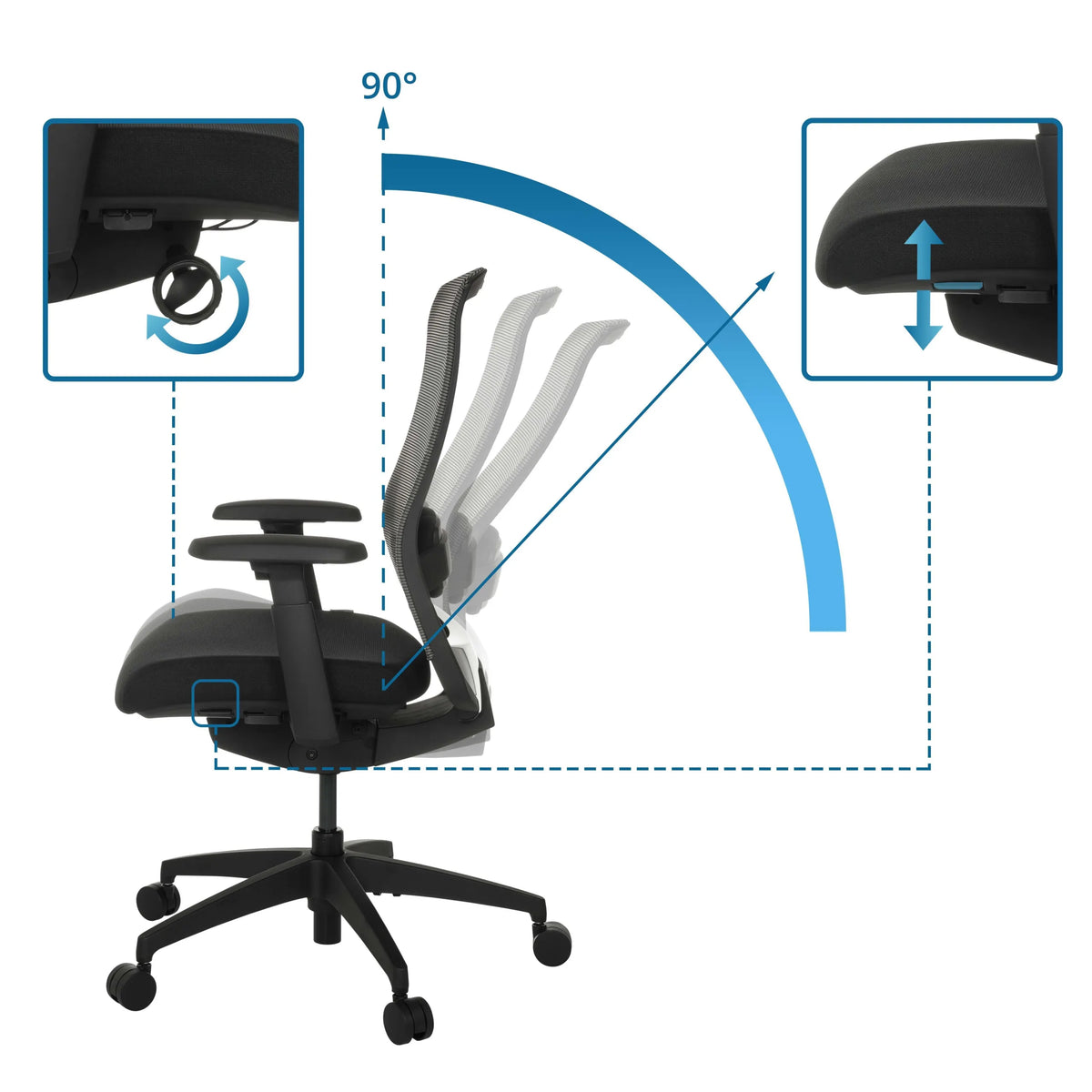 Respaldo ajustable con inclinación de 90 grados y función giratoria de la Silla de oficina profesional COLORE de hjh OFFICE
