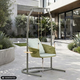 Silla colgante Skylo en verde y beige con tapicería a rayas y estructura metálica de hjh LIVING (imagen generada por IA)