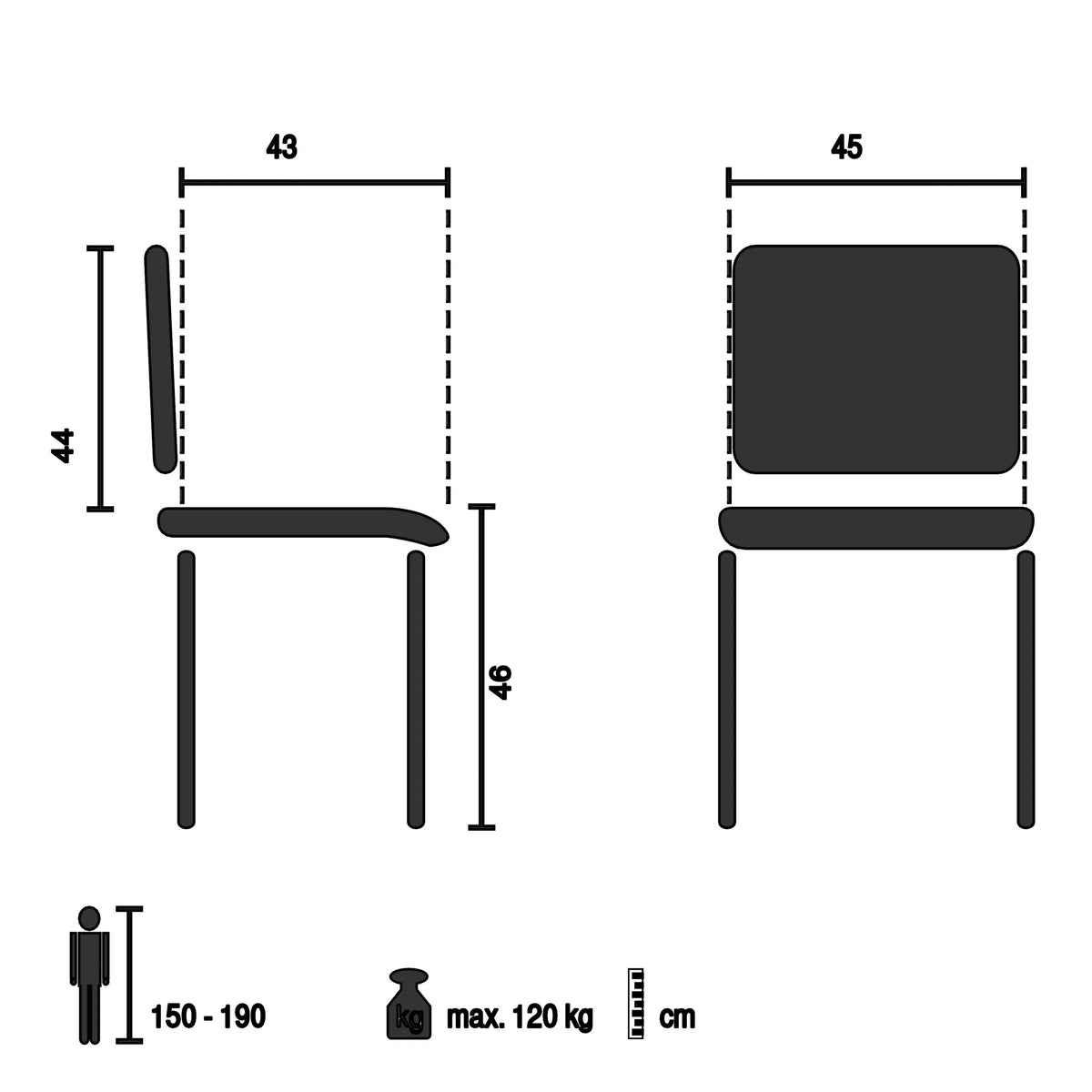 Technische Zeichnung des Esszimmerstuhls VISETO mit einer Sitzhöhe von 46 cm von hjh LIVING