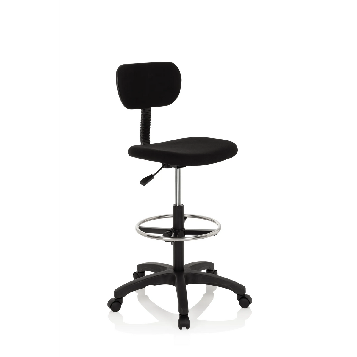 Silla de mostrador TOP WORK 05 negra con reposapiés y base de cinco ruedas de hjh OFFICE – vista de 360° (vista frontal en diagonal 40°)