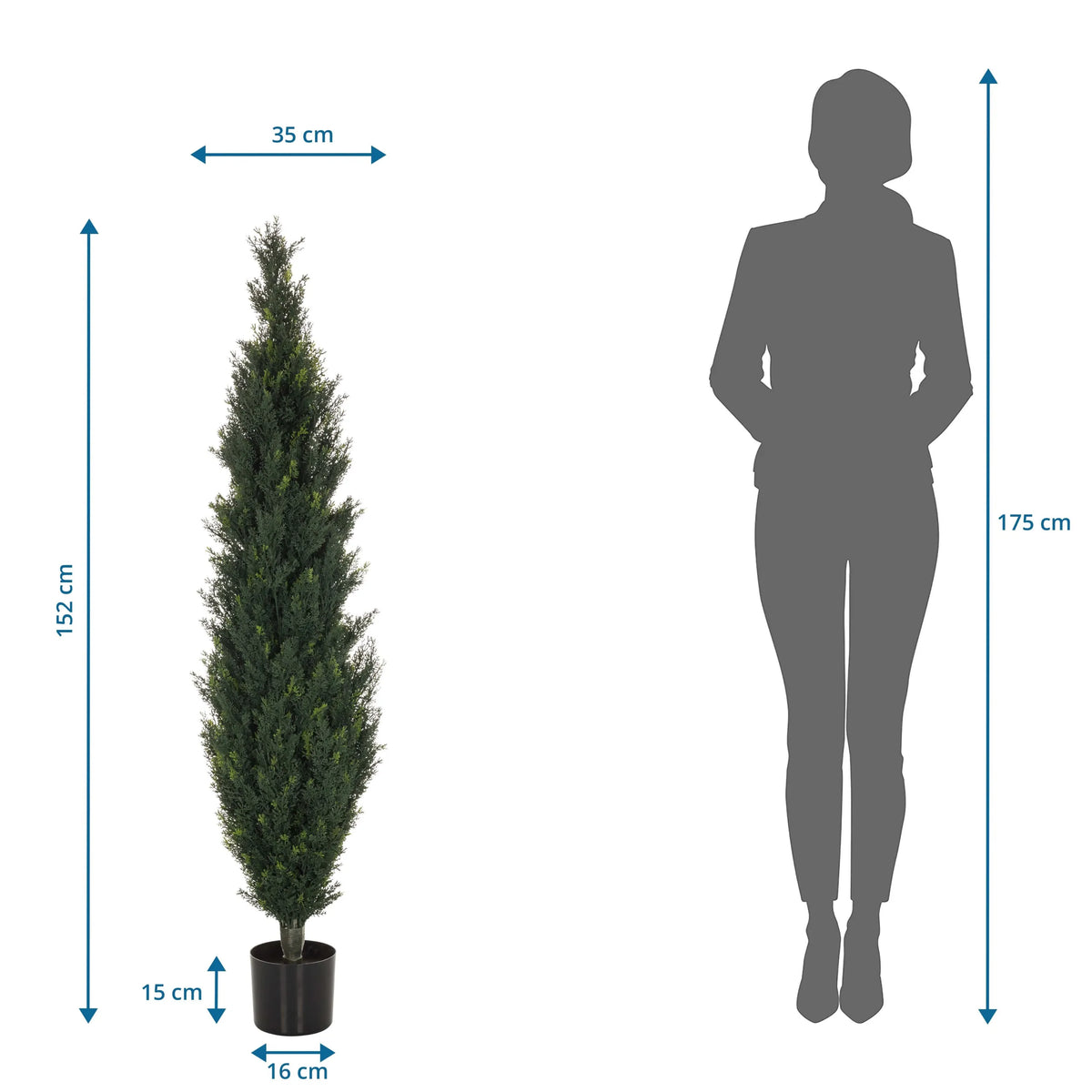 Dibujo dimensional de la Planta artificial CEDRUS con una altura de 152 cm de hjh OFFICE