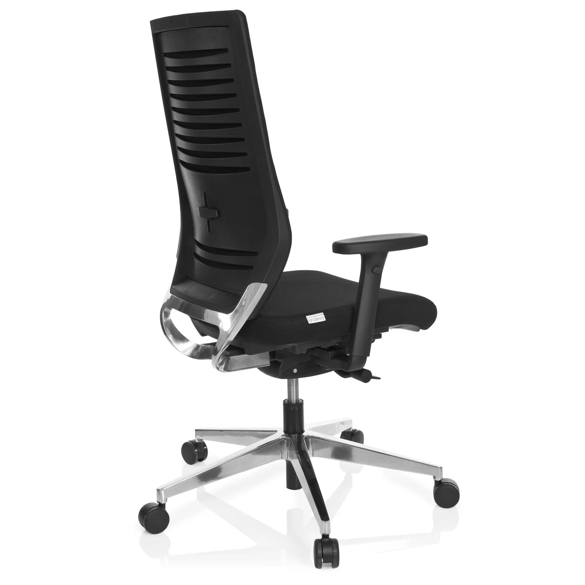 Silla de oficina profesional PRO-TEC 700 negra con reposabrazos y base brillante de cinco ruedas de hjh OFFICE – vista de 360° (vista trasera en diagonal 120°)