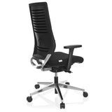 Silla de oficina profesional PRO-TEC 700 negra con reposabrazos y base brillante de cinco ruedas de hjh OFFICE – vista de 360° (vista trasera en diagonal 120°)