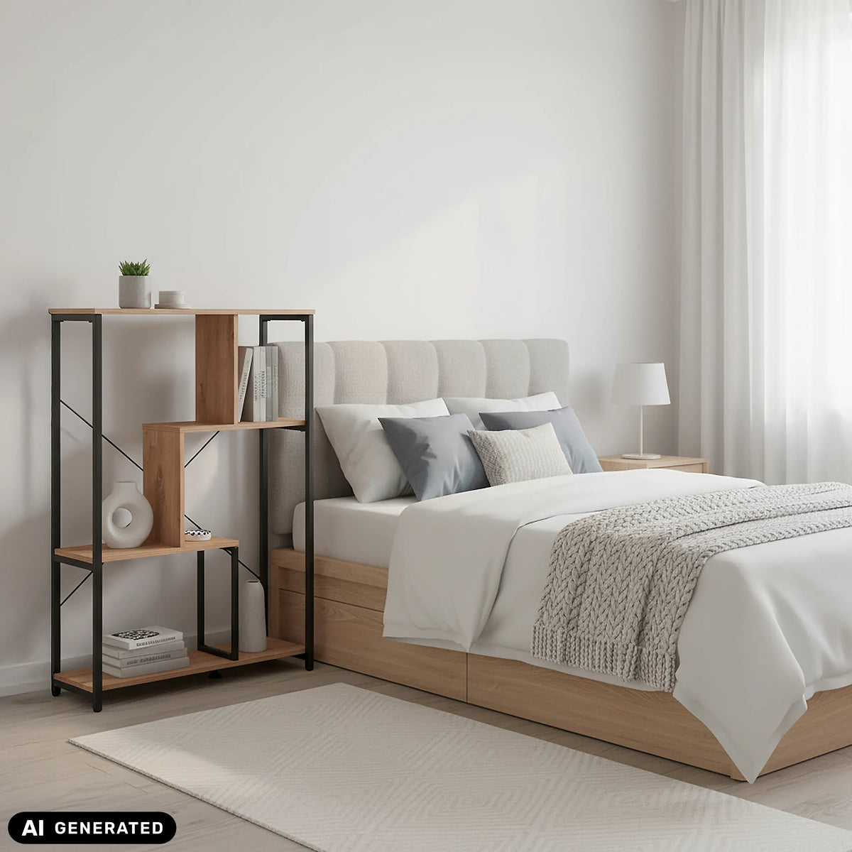 Estante Kalag Eco en negro y roble junto a una cama de hjh LIVING (imagen generada por IA)