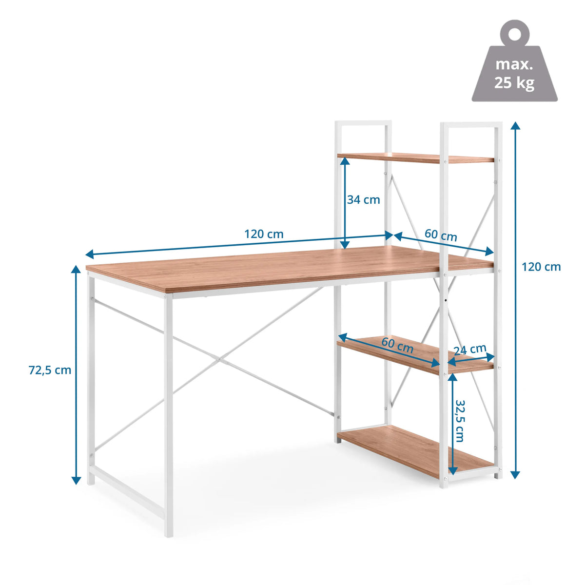 Dibujo dimensional del escritorio Easy Up3 de 120 × 60 cm y una altura total de 120 cm de hjh LIVING