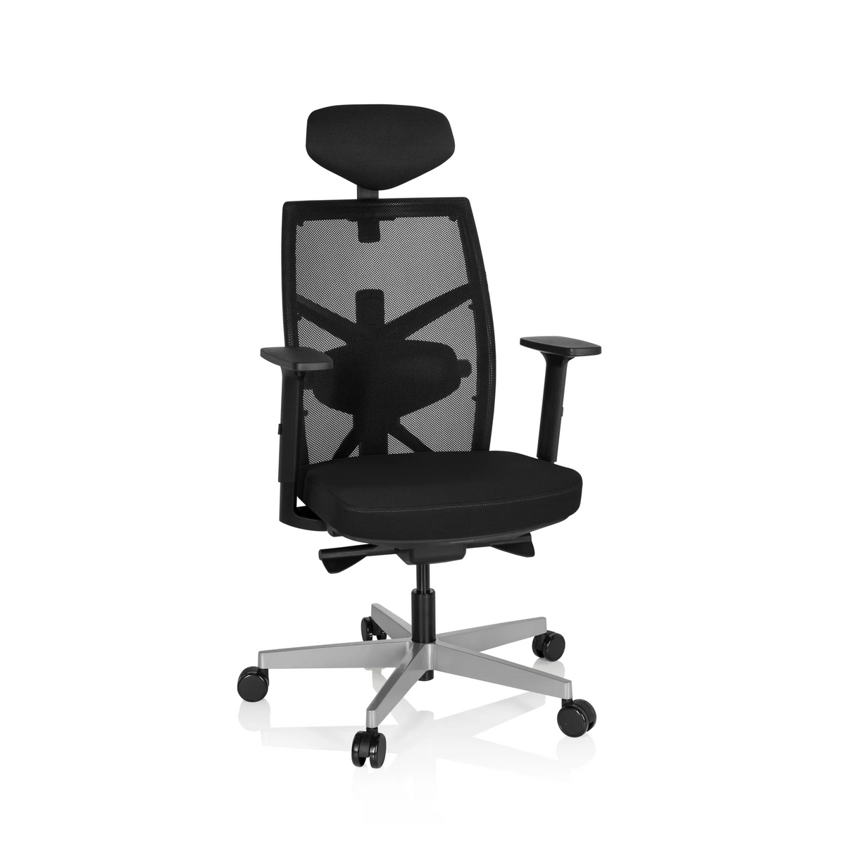 Silla de oficina profesional BELLAC negra con respaldo de malla, reposacabezas y base de cinco ruedas de hjh OFFICE – vista de 360° (vista frontal 20°)