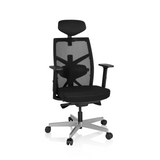 Silla de oficina profesional BELLAC negra con respaldo de malla, reposacabezas y base de cinco ruedas de hjh OFFICE – vista de 360° (vista frontal 20°)