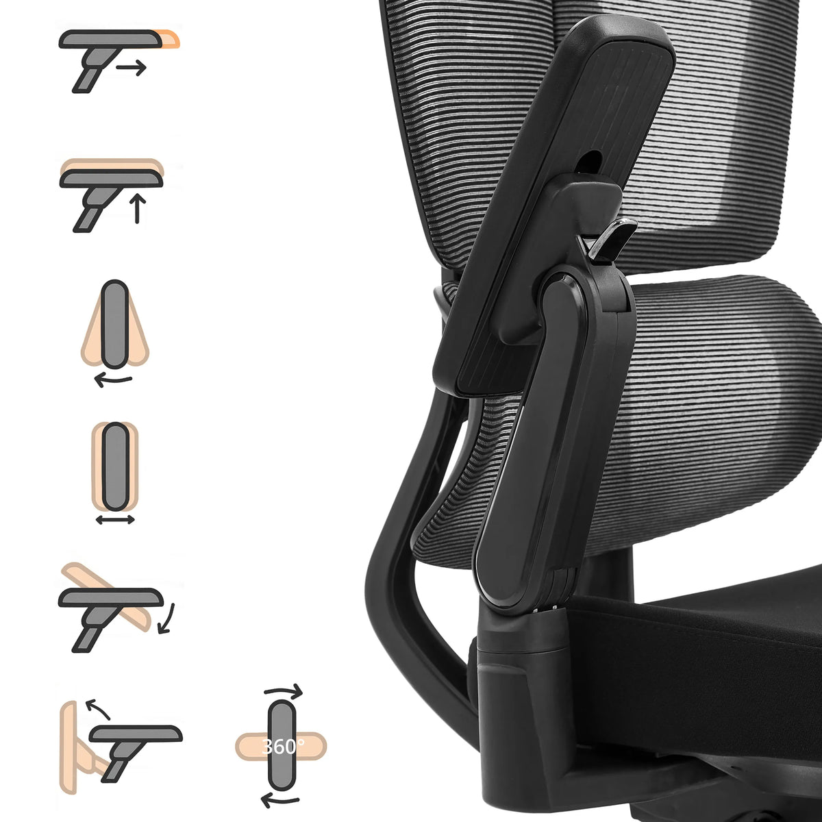Reposabrazos ajustable en cuatro dimensiones de la silla de oficina profesional Ergo U2 Flex3 con diagramas funcionales de hjh OFFICE