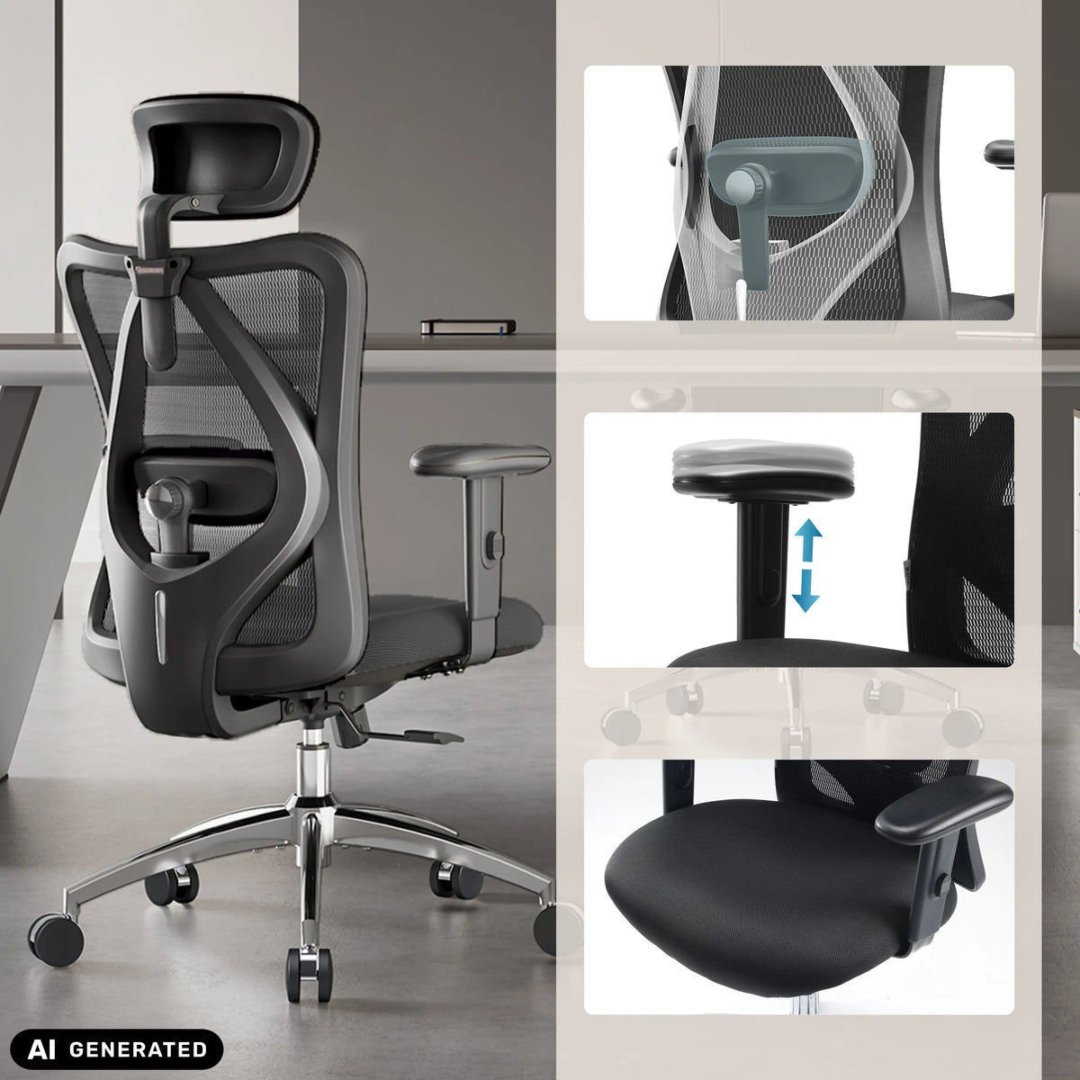 Reposabrazos regulable en altura y respaldo de malla de la silla de oficina profesional M18-M148 en negro de Sihoo (imagen generada por IA)