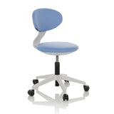 Silla giratoria para niños MINIMOVO azul con base blanca y cinco ruedas de hjh OFFICE – vista de 360° (vista frontal en diagonal 45°)