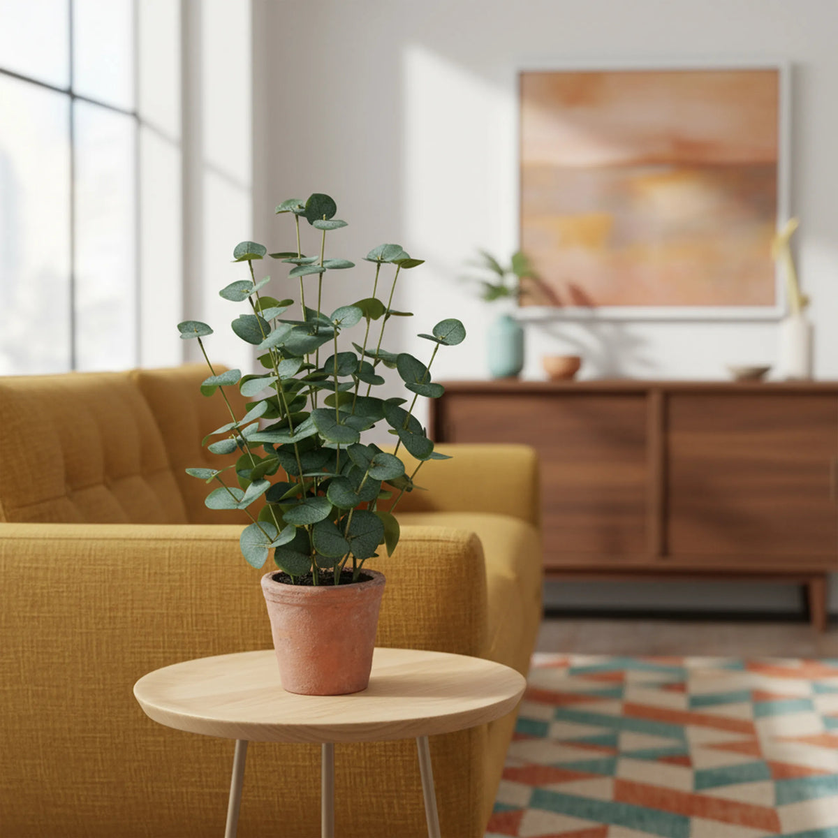 Planta artificial verde Eucalyptus en una maceta de color terracota sobre una mesa auxiliar de hjh OFFICE