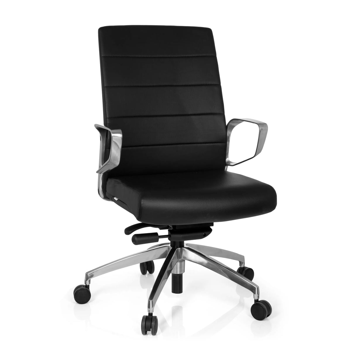 Silla de oficina profesional PROVIDER negra con tapizado acolchado y base de cinco ruedas de hjh OFFICE – vista de 360° (vista frontal 20°)