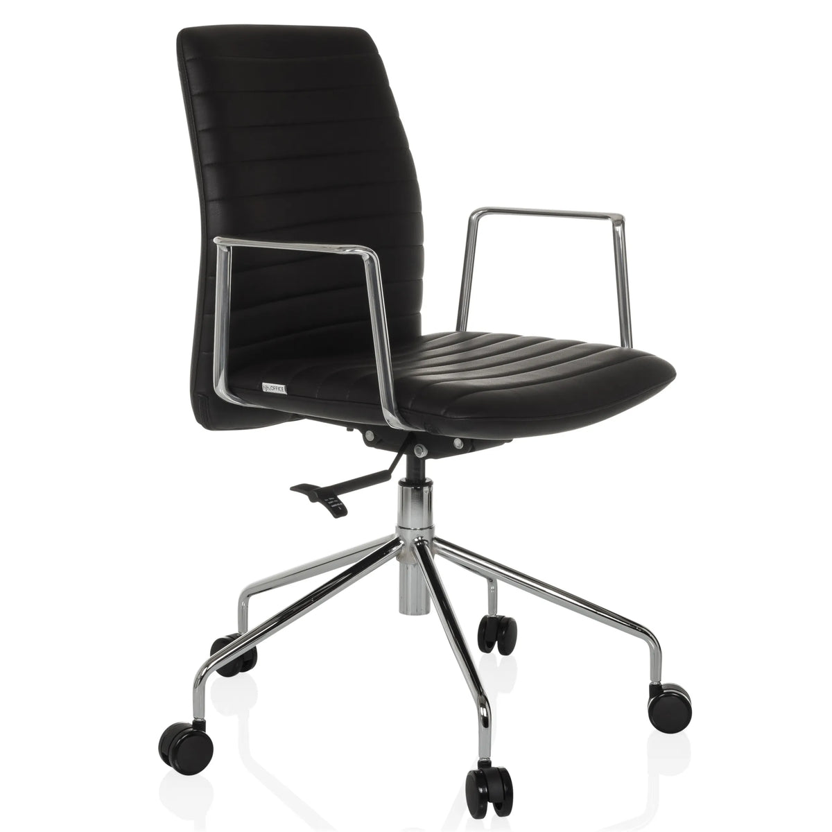 Sillón de alta gama VEMONA 30 negro con costuras transversales, reposabrazos y base de cinco ruedas de hjh OFFICE – vista de 360° (vista frontal en diagonal 45°)