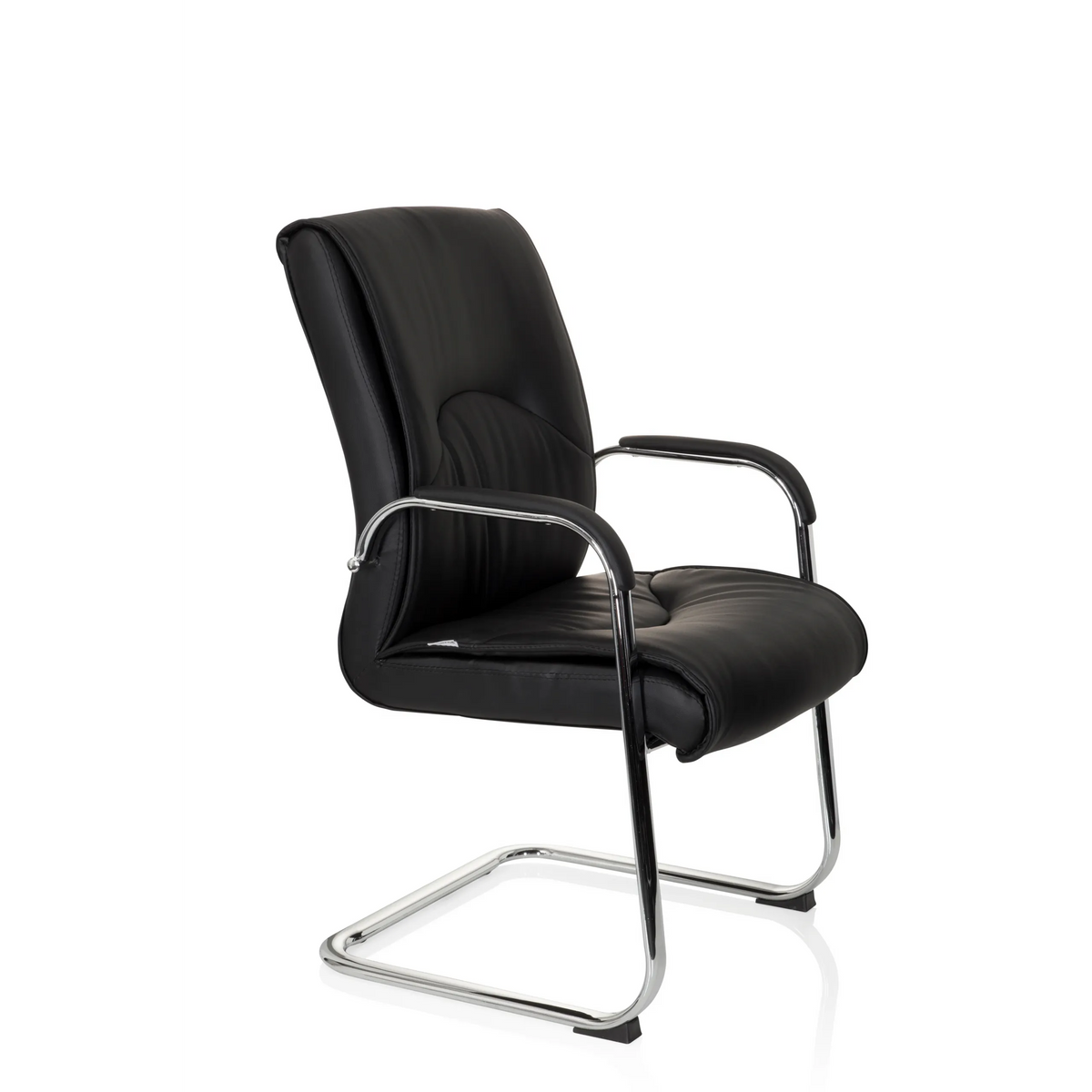 Silla de viga voladiza SOVRANO V negra con reposabrazos y estructura de patín cromada de hjh OFFICE – vista de 360° (vista frontal en diagonal 60°)