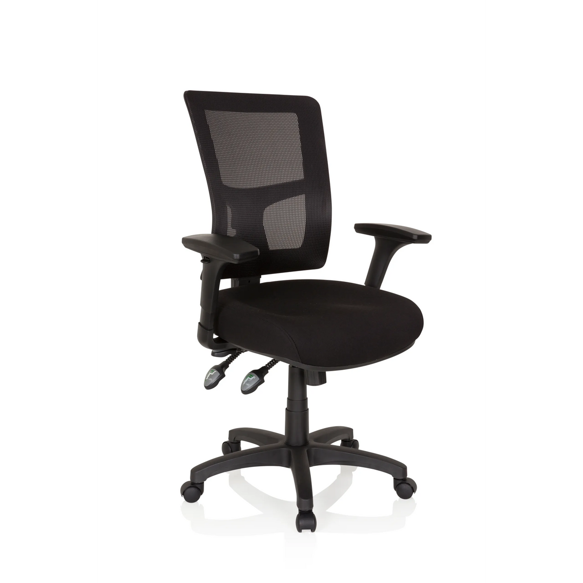 Sillón de oficina profesional IMPACT PRO negro con respaldo de malla y base de cinco ruedas de hjh OFFICE – vista de 360° (vista frontal en diagonal 40°)