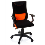 Silla giratoria para niños KIDDY PRO AL en color negro y naranja con cojín lumbar y base de cinco ruedas de hjh OFFICE – vista de 360° (vista frontal 20°)