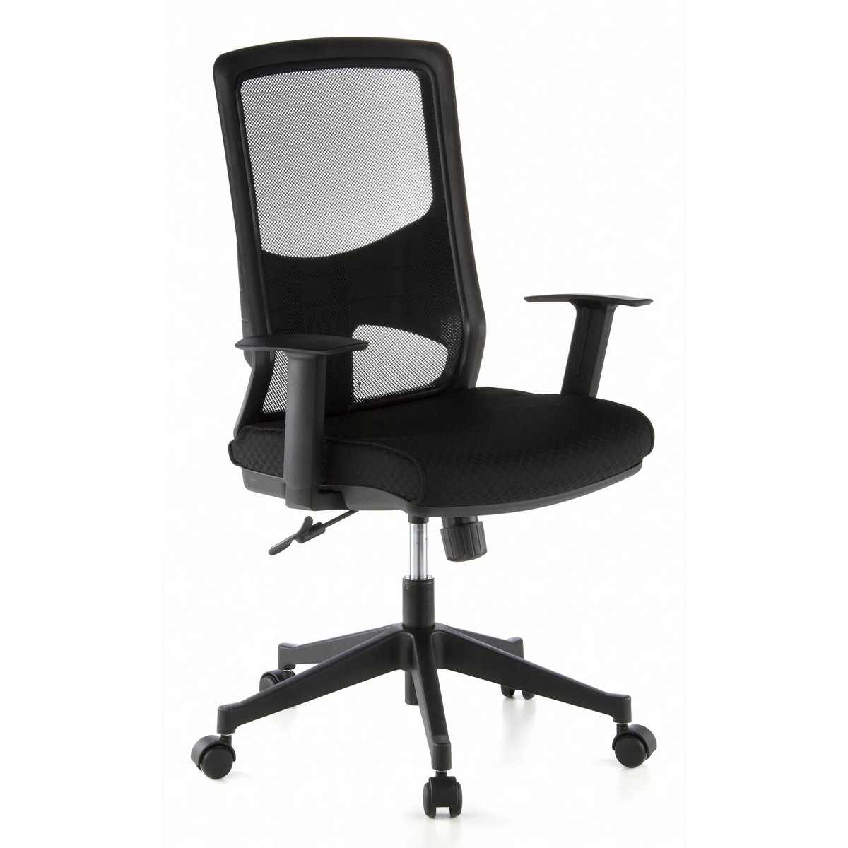 Silla de oficina profesional LAVITA negra con respaldo de malla y base de cinco ruedas de hjh OFFICE – vista de 360° (vista frontal en diagonal 40°)