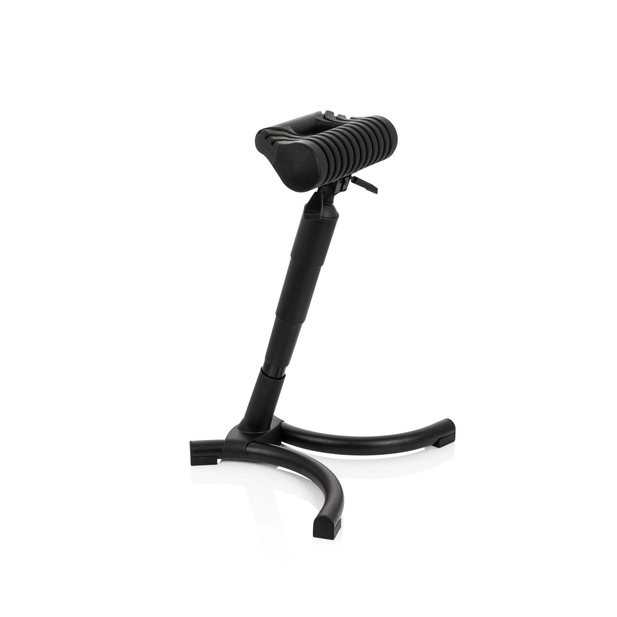 Asiento de pie TOP WORK 33 negro con asiento acolchado y base de tres patas de hjh OFFICE – vista de 360° (vista frontal en diagonal 60°)