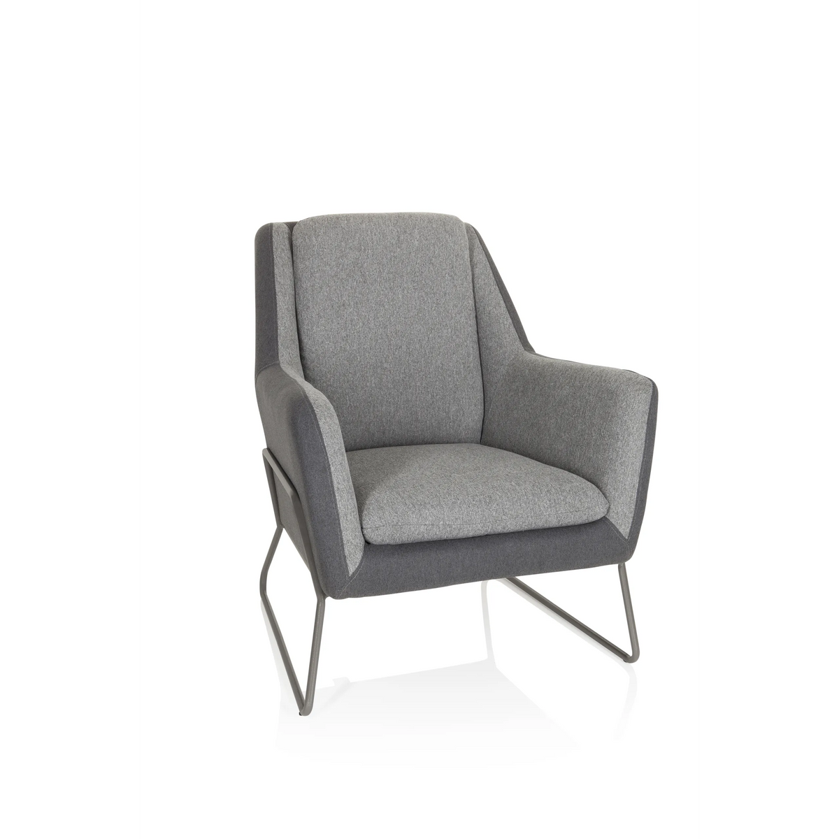 Sillón tapizada LAGUN en color gris claro con detalles en gris oscuro y patas de metal de hjh OFFICE – vista de 360° (vista frontal 20°)