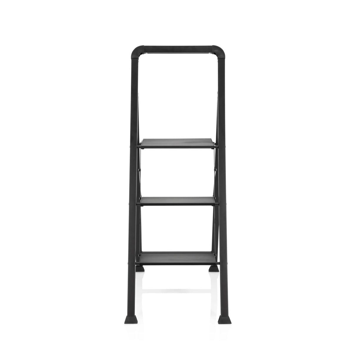 Escalera plegable SOLID W6 negra con tres peldaños y un asa de hjh OFFICE – vista de 360° (vista frontal 0°)