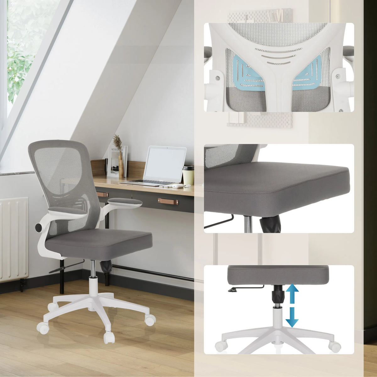 Silla Home Office BELIO W en gris con respaldo de malla, asiento gris y elevador de gas ajustable en altura de hjh OFFICE