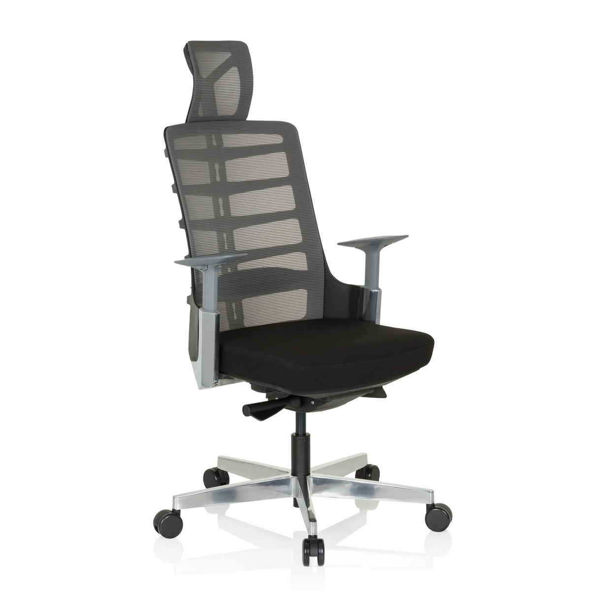 Silla alta gama SKARIF en color negro gris con respaldo de malla y base de cinco ruedas de hjh OFFICE – vista de 360° (vista frontal en diagonal 40°)