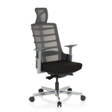 Silla alta gama SKARIF en color negro gris con respaldo de malla y base de cinco ruedas de hjh OFFICE – vista de 360° (vista frontal en diagonal 40°)