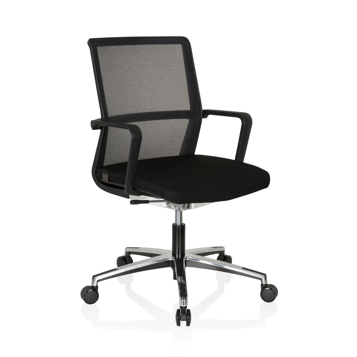 Silla de oficina profesional MOVE-TEC NET 3D negra con respaldo de malla y base de cinco ruedas de hjh OFFICE – vista de 360° (vista frontal en diagonal 40°)