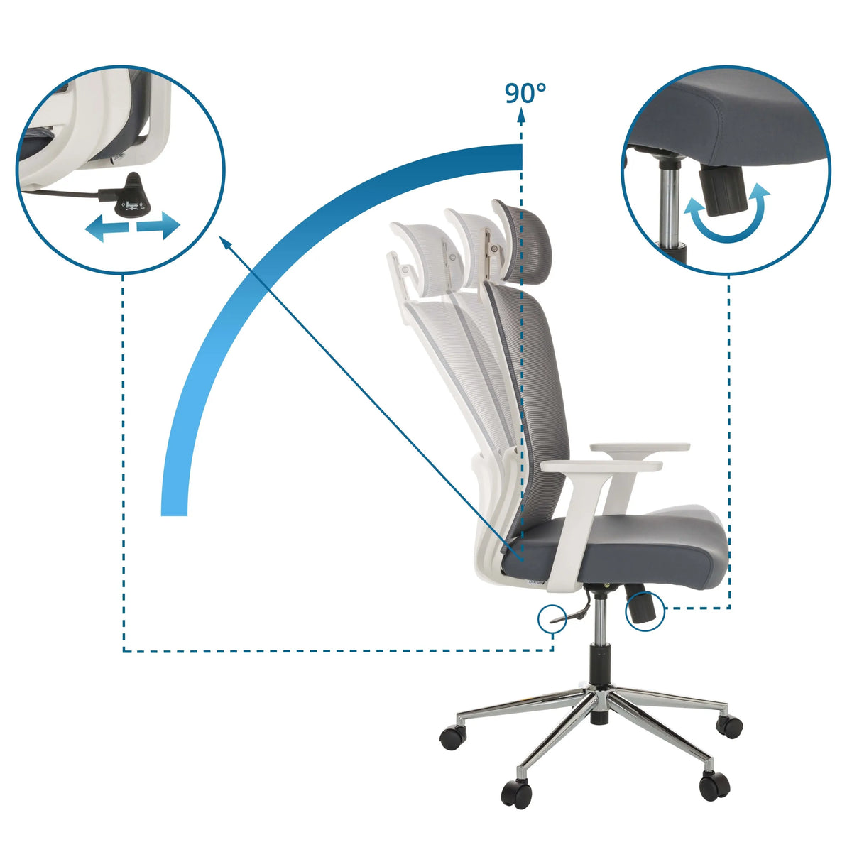Mecanismos de ajuste de la Silla Home Office BELAIA W con inclinación de 90° y ajuste de altura del asiento de hjh OFFICE