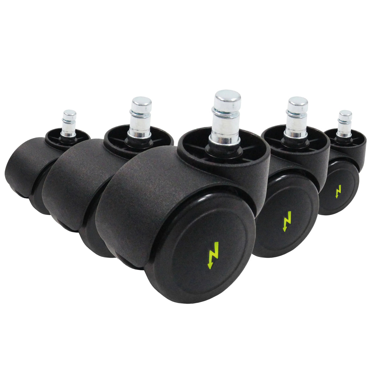 Fünf schwarze Stuhlrollen 5x ROLO ESD 10mm/50mm für Hartböden mit silbernen Bolzen von hjh OFFICE