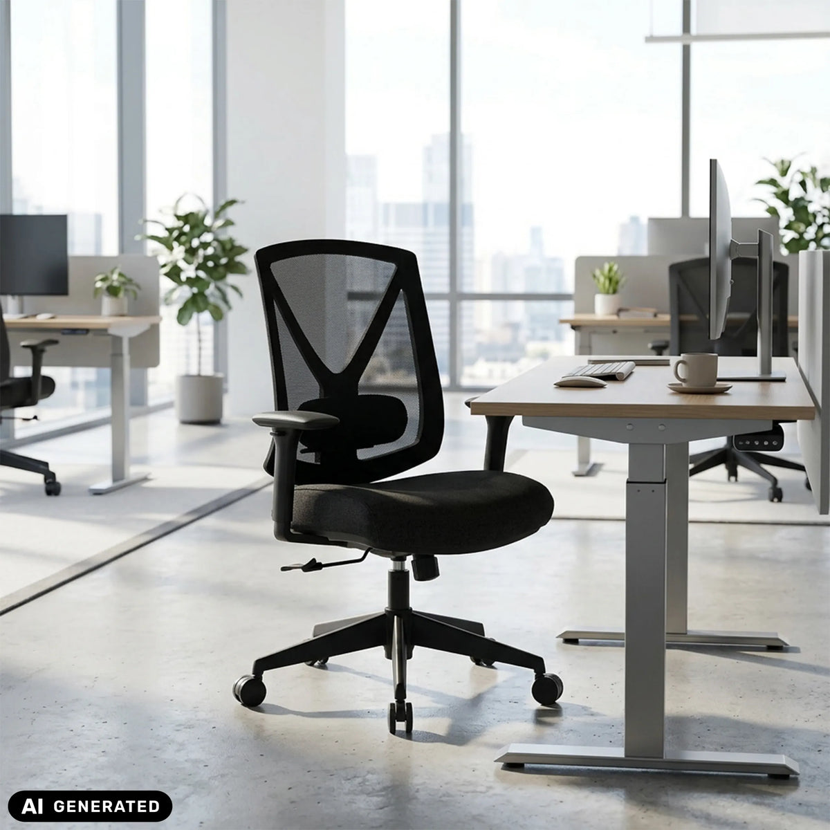 Silla de oficina profesional Mirou negra con respaldo de malla y ruedas delante de un escritorio de hjh OFFICE (imagen generada por IA)