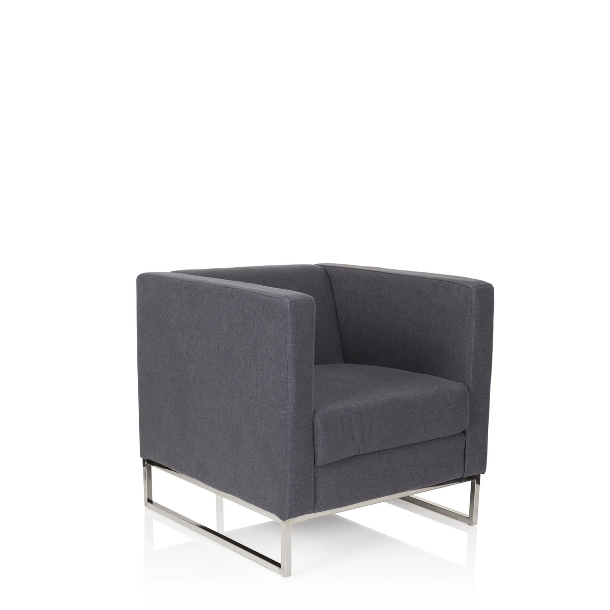 Sillón tapizado BARBADOS gris oscuro con diseño cuadrado y estructura metálica de hjh OFFICE – vista de 360° (vista frontal en diagonal 40°)