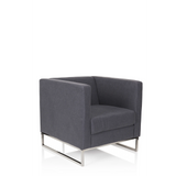 Sillón tapizado BARBADOS gris oscuro con diseño cuadrado y estructura metálica de hjh OFFICE – vista de 360° (vista frontal en diagonal 40°)