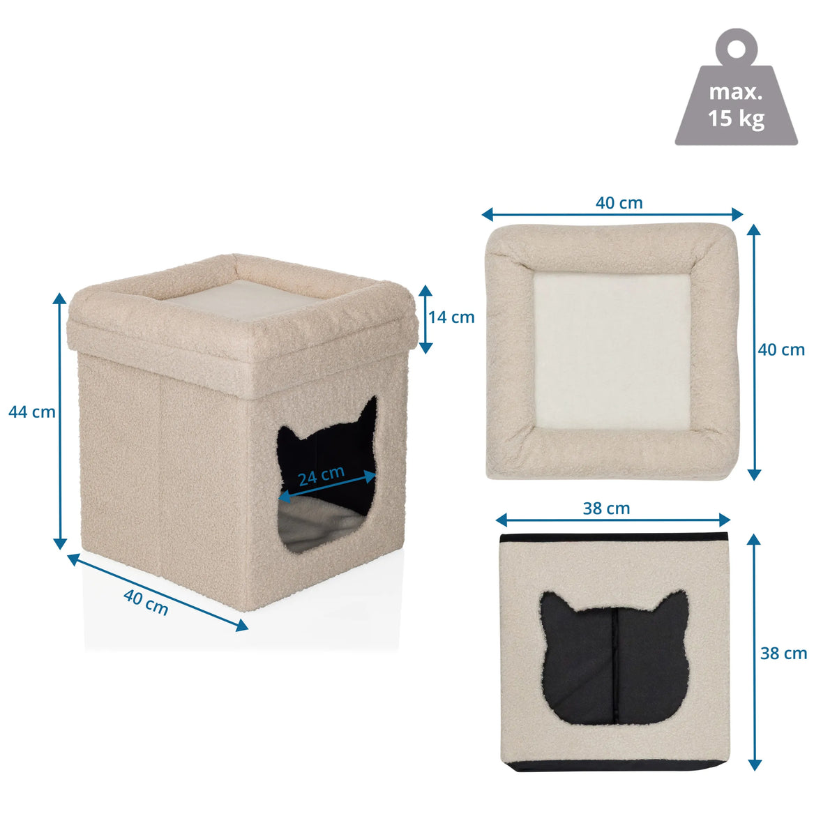 Dibujo acotado de la Casa para gatos PAWY ES de 40 × 40 cm y carga máxima de 15 kg de hjh LIVING