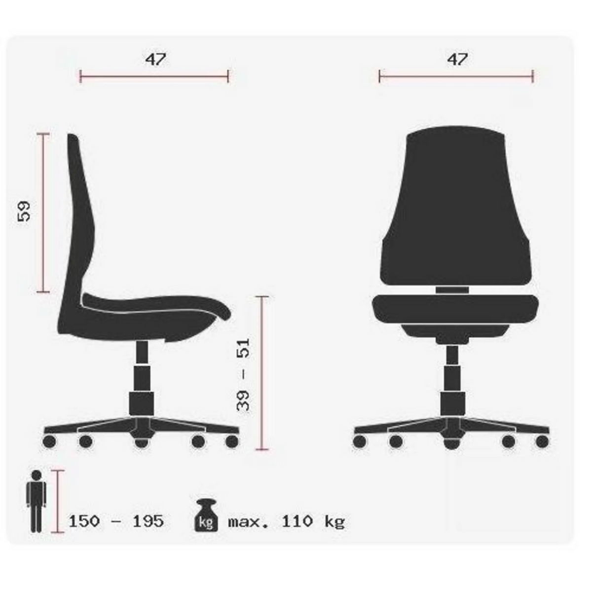 Dibujo técnico de la Silla de oficina profesional HJH SOLUTION BASIC con una altura del asiento de 39 a 51 cm de Topstar