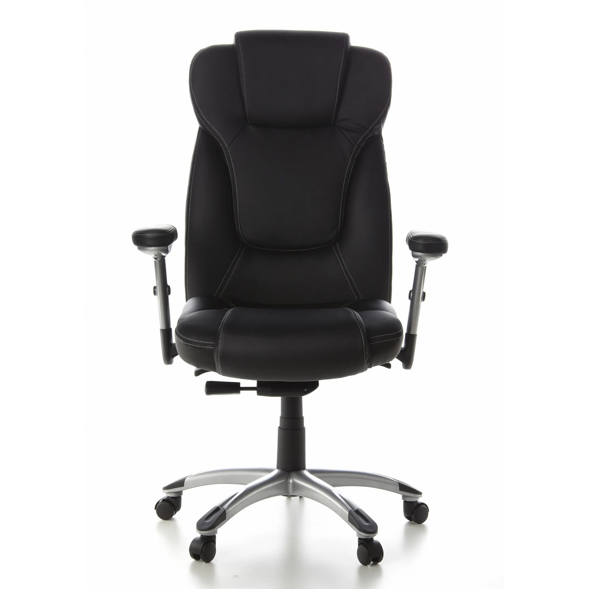 Sillón de oficina profesional EMBASSY 200 L negro con reposabrazos y base plateada de cinco ruedas de hjh OFFICE – vista de 360° (vista frontal 0°)