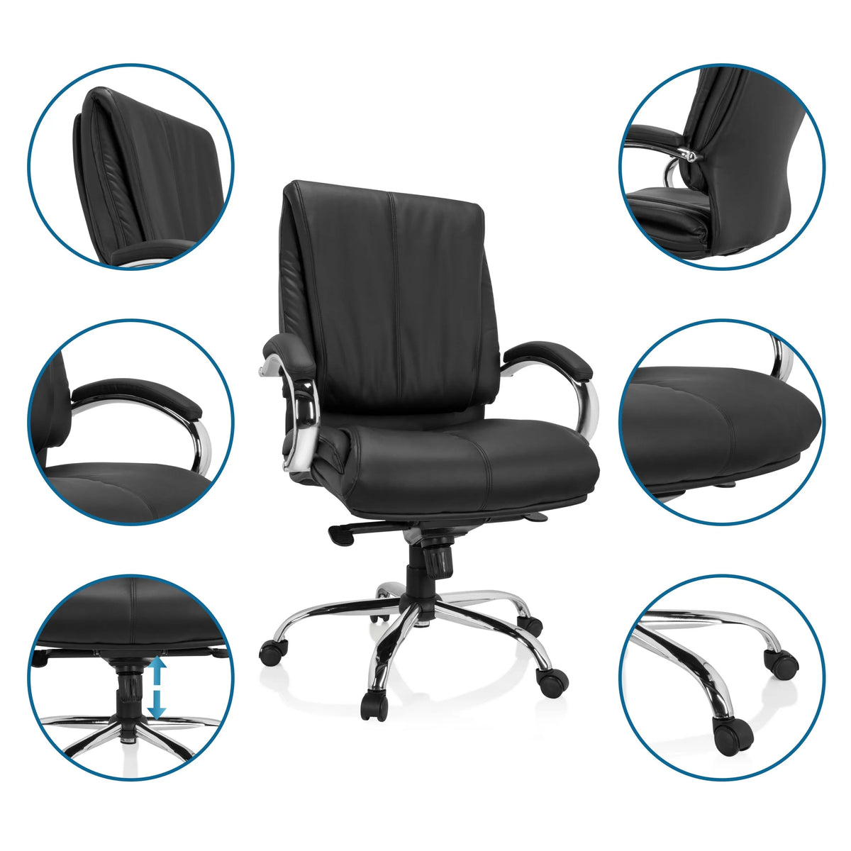 Silla giratoria XXL H 100 negra de cuero sintético con diversas vistas detalladas de las funciones de hjh OFFICE