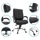 Silla giratoria XXL H 100 negra de cuero sintético con diversas vistas detalladas de las funciones de hjh OFFICE
