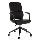 Silla de oficina profesional ATMOS DESIGNER negra con reposabrazos y base de cinco ruedas de hjh OFFICE – vista de 360° (vista frontal en diagonal 30°)