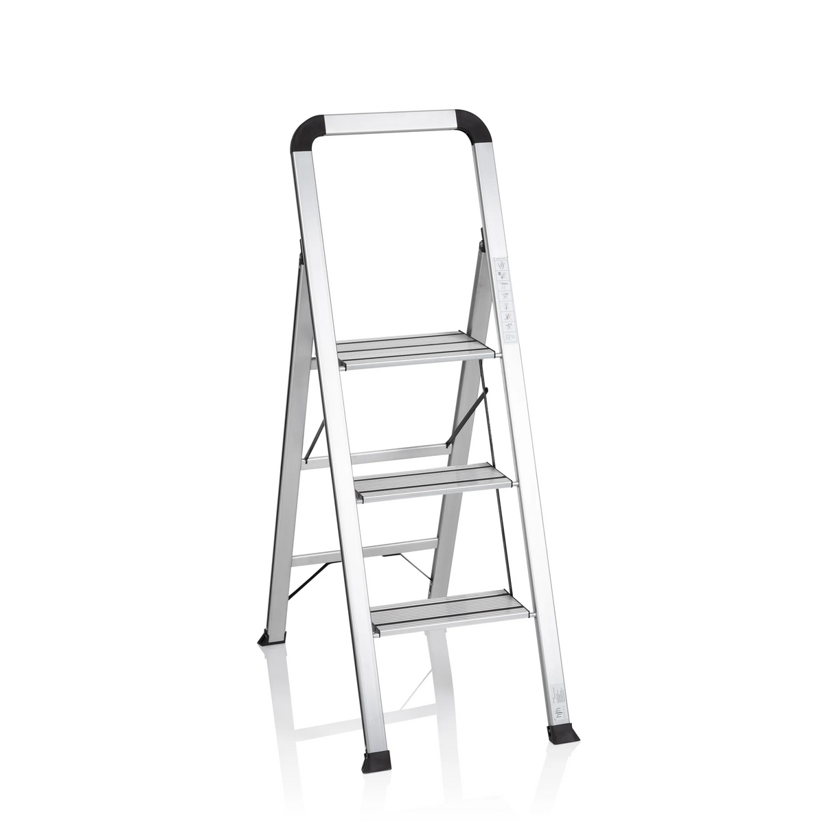 Escalera plegable SOLID V de aluminio plateada con tres peldaños y asa de hjh OFFICE – vista de 360° (vista frontal 20°)