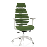 Silla de oficina profesional ERGO LINE W verde con respaldo segmentado y base blanca de cinco ruedas de hjh OFFICE – vista de 360° (vista frontal 15°)