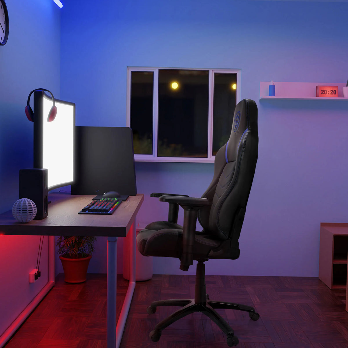 Silla gaming GAMEBREAKER POLARYS I en gris y azul en un escritorio con monitor y teclado de hjh OFFICE