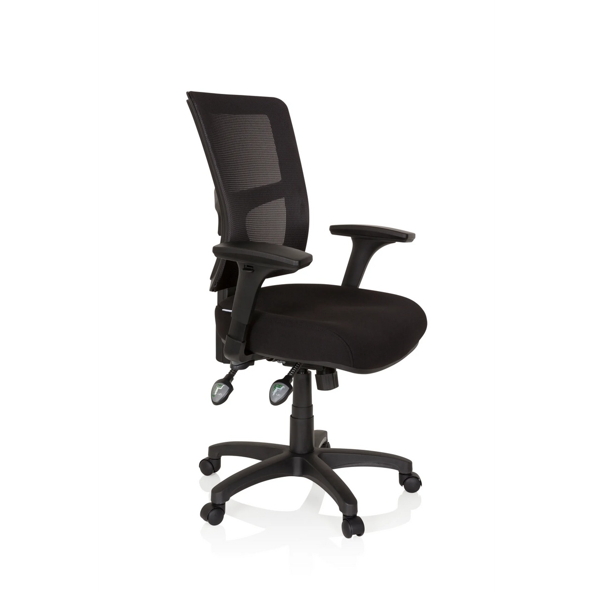Sillón de oficina profesional IMPACT PRO negro con respaldo de malla y base de cinco ruedas de hjh OFFICE – vista de 360° (vista frontal en diagonal 60°)