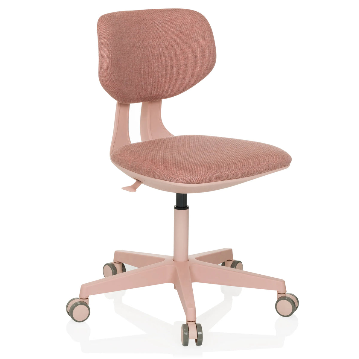 Silla giratoria para niños KID COLORE rosa con superficies acolchadas y base de cinco ruedas de hjh OFFICE – vista de 360° (vista frontal en diagonal 30°)