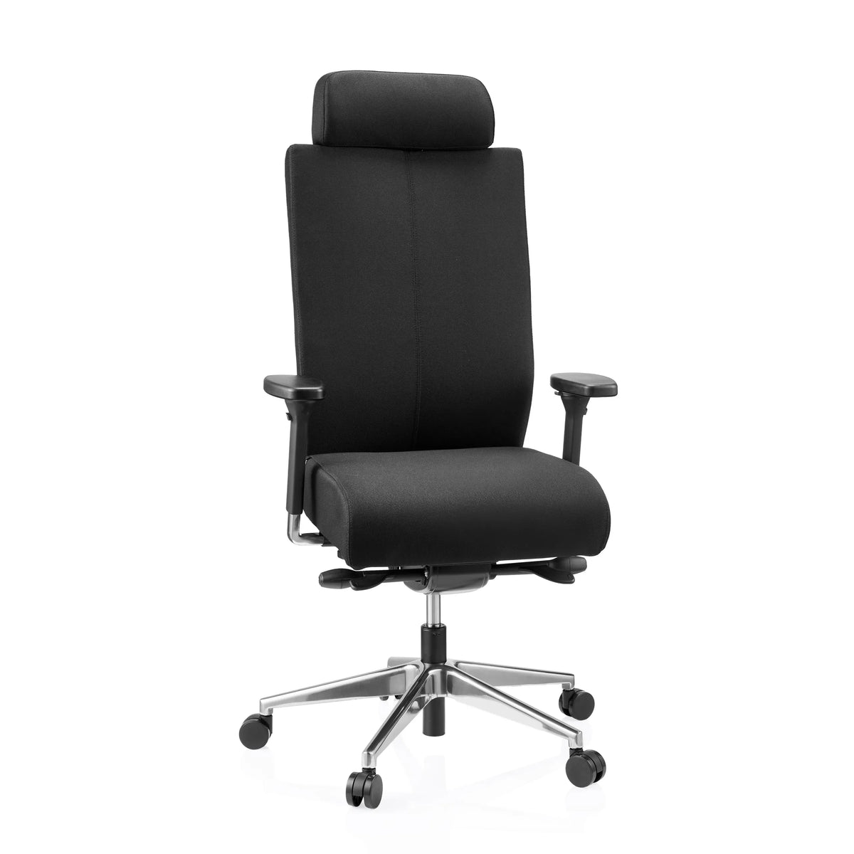 Silla de oficina profesional PRO-TEC XXL negra con tapizado de tela, reposacabezas y base de cinco ruedas de hjh OFFICE – vista de 360° (vista frontal 15°)