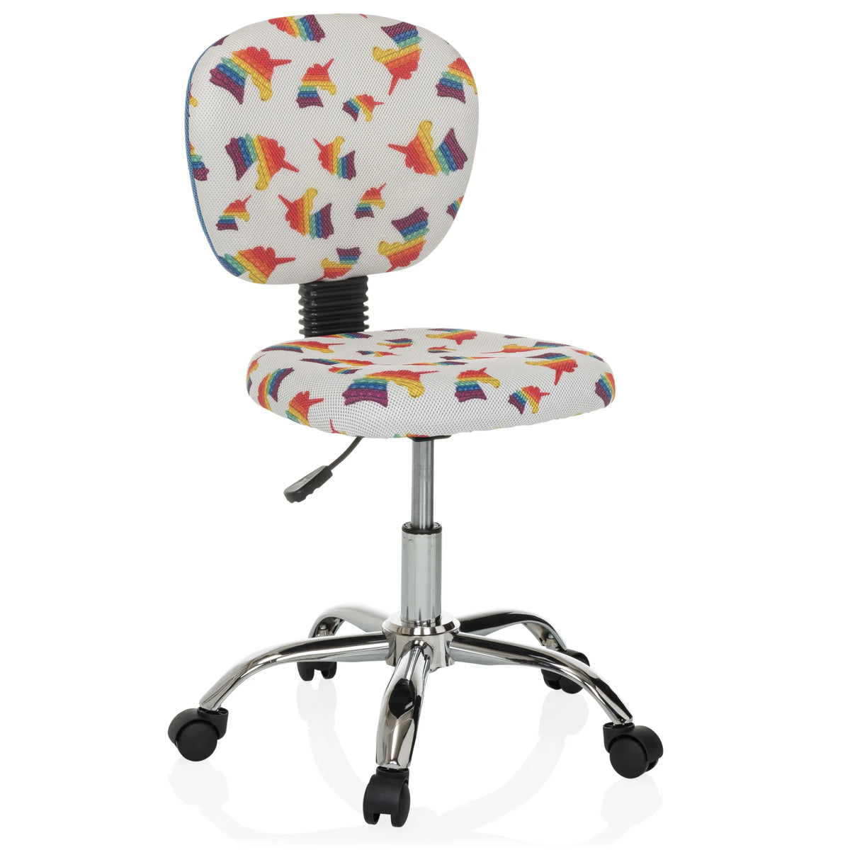 Silla giratoria para niños KID BUBBLE con motivo de arcoíris colorido y base de cinco ruedas de hjh OFFICE – vista de 360° (vista frontal en diagonal 30°)