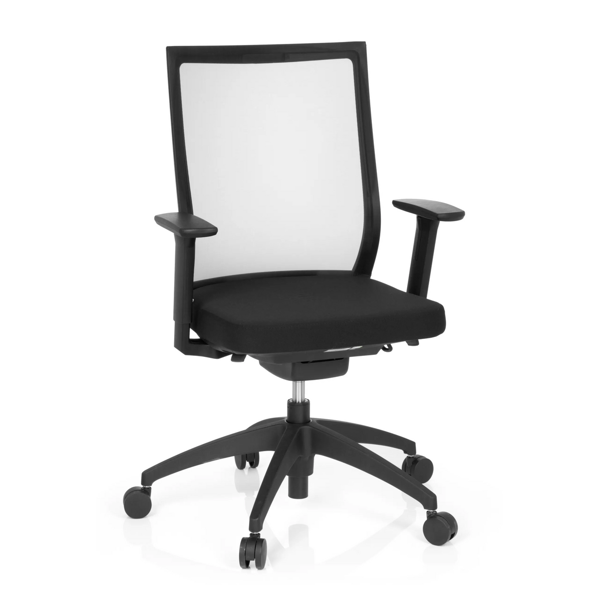 Silla de oficina profesional ASPEN negra con respaldo de malla y base de cinco ruedas de hjh OFFICE – vista de 360° (vista frontal 20°)