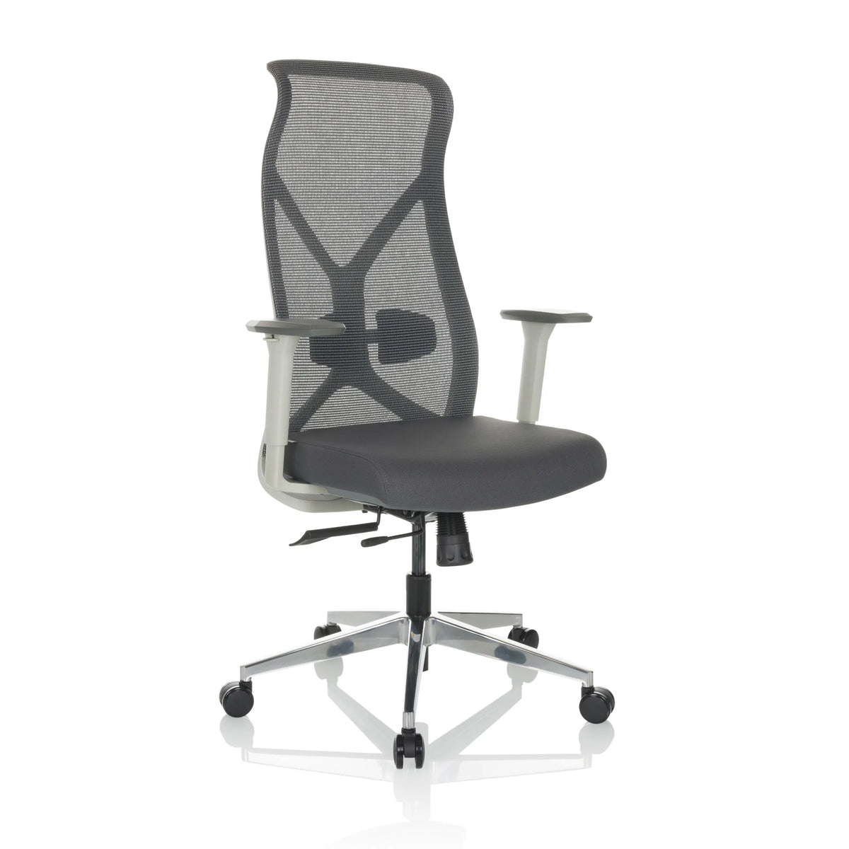 Silla de oficina profesional AZURRO WHITE gris con respaldo de malla y base de cinco ruedas de hjh OFFICE – vista de 360° (vista frontal en diagonal 30°)
