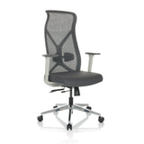 Silla de oficina profesional AZURRO WHITE gris con respaldo de malla y base de cinco ruedas de hjh OFFICE – vista de 360° (vista frontal en diagonal 30°)